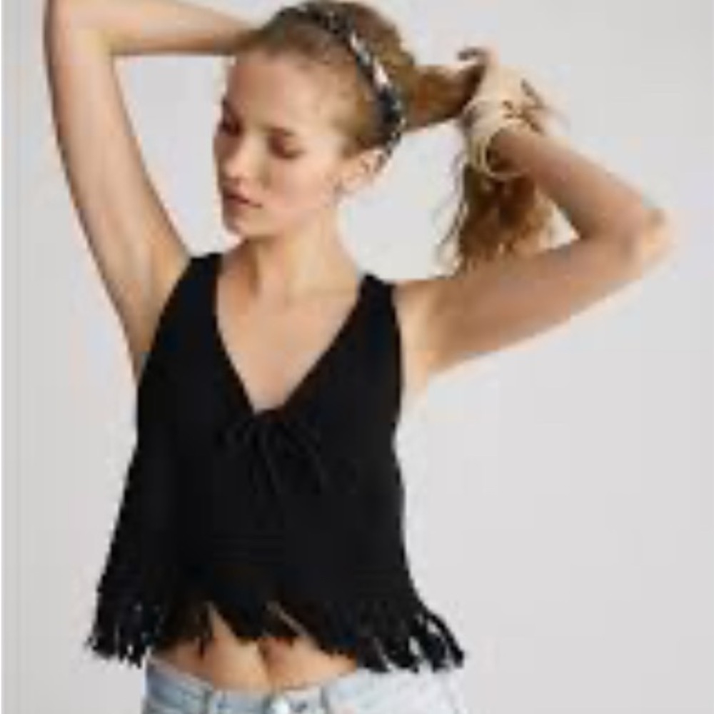 Anthropologie PILCRO Black Knit Lace Up Crop Top with Fringe Hem Size Small